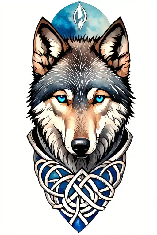 Wolf With Blue Eyes On Armor Tattoo Design Featuring Celtic Trinity Knot
