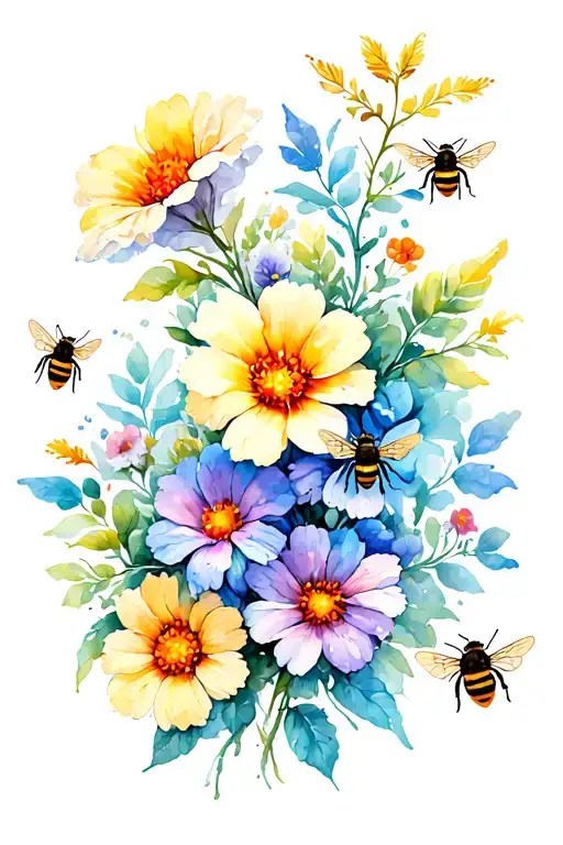 Seratonin With Flowers And Bees Flying