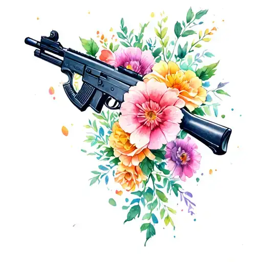 Birth Flowers Of His Multiple Guns Tattoo Ak47