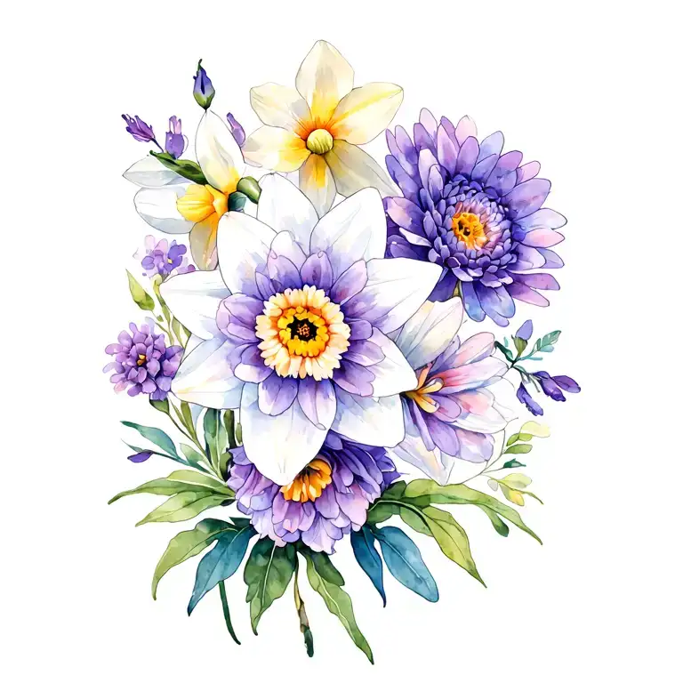 Violet And Daffodils And Chrysanthemums