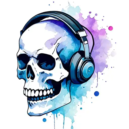 Watercolour Abstract Skull Wearing Headphones Add Polka Style