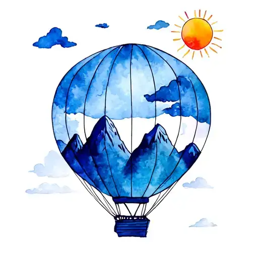 Hot Air Balloon With Mountains And The Sun