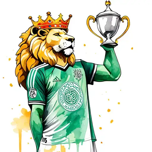 Lion Wearing A Celtic Fc Top And A Crown Lifting A Champions League Trophy