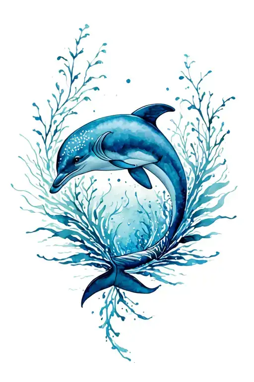 Spinal Tattoo Of Dolphin Swimming In Water And Seaweed
