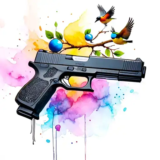 Glock -Like Firearm That Shoots A Ball And A Colorful Sparrow Flies Away From A Branch