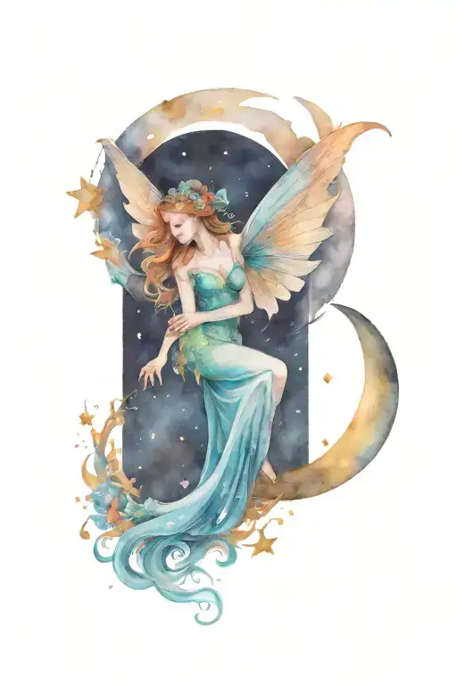 Moon Fairy Sitting In Crescent Moon Surrounded By Stars
