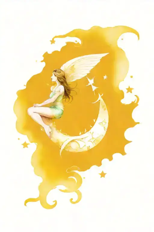 Moon Fairy Sitting In Crescent Moon Surrounded By Stars