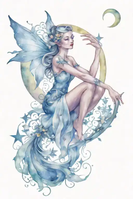 Moon Fairy Sitting In Crescent Moon Surrounded By Stars