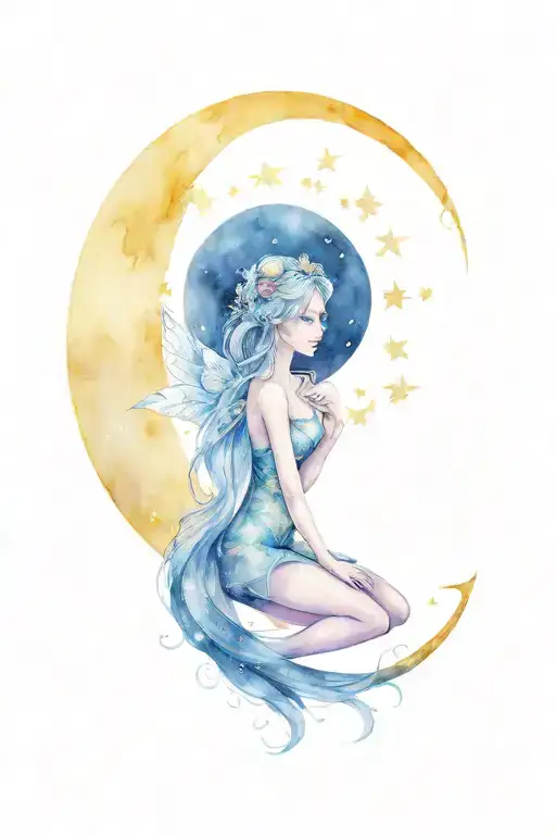 Moon Fairy Sitting In Crescent Moon Surrounded By Stars
