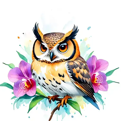 Owl And Orchid Flowers Surrounding