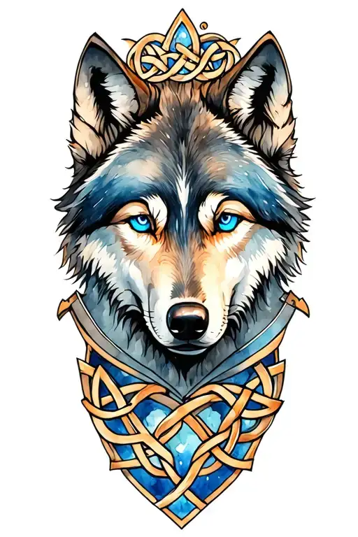 Wolf With Blue Eyes On Armor Tattoo Design Featuring Celtic Trinity Knot