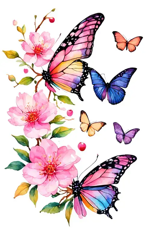 Butterflies And Cherry Blossom Flowers