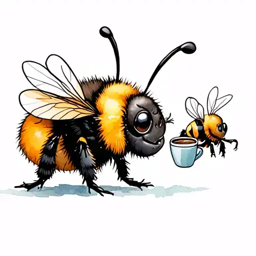 Cute Fat Bumble Bee With 2 Bees One Drinking Coffee And One Gaming