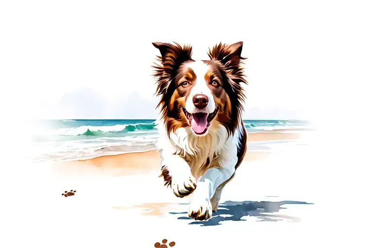 Running Brown And White Border Collie Running On Beach Scene With Paw Prints Leading Away