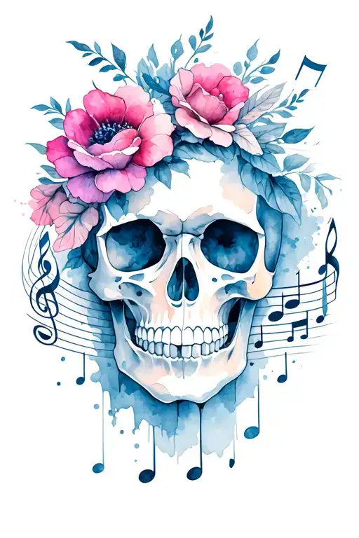 Feminine Skull With Flowers And Music Notes Intertwined