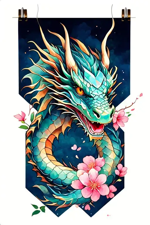 Japanese Dragon Diamond Shape And Cherry Blossom