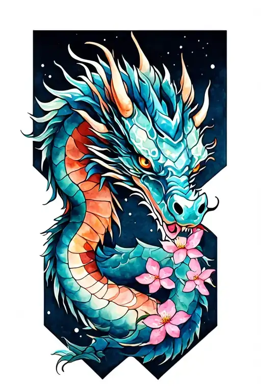 Japanese Dragon Diamond Shape And Cherry Blossom