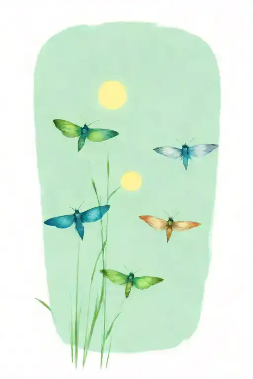 3 Colorful Moths In Front Of Swamp Grass And Full Moon Shining