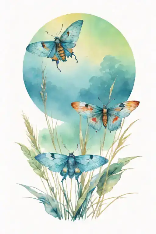 3 Colorful Moths In Front Of Swamp Grass And Full Moon Shining No Background