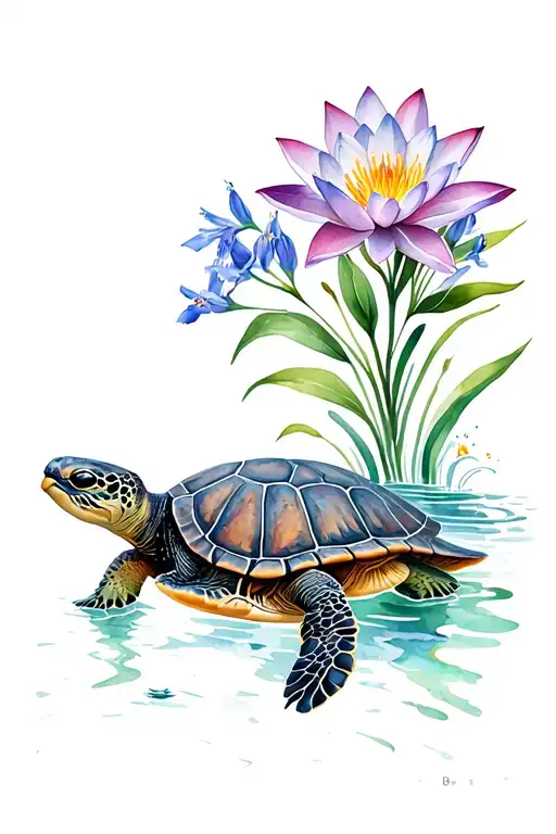 Realistic Mountain Lake With Larkspur Flower And Water Lilly On Sea Turtle Back
