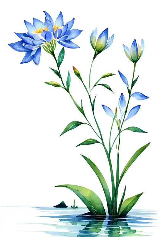 Realistic Mountain Lake With Larkspur Flower And Water Lilly