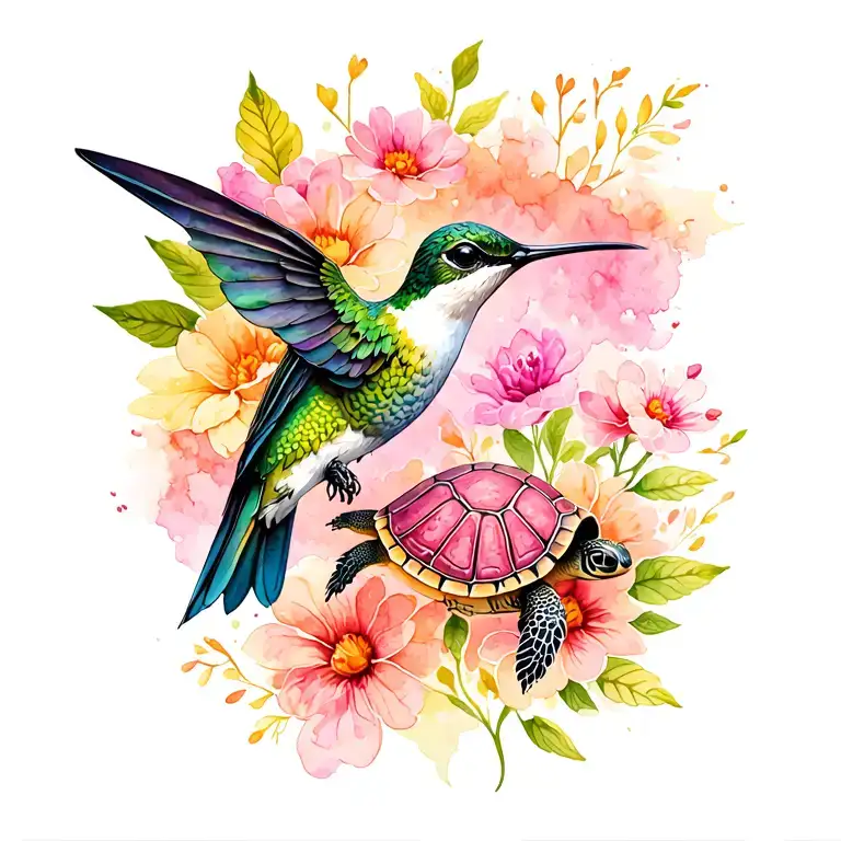 Hummingbird Turtle And Flowers