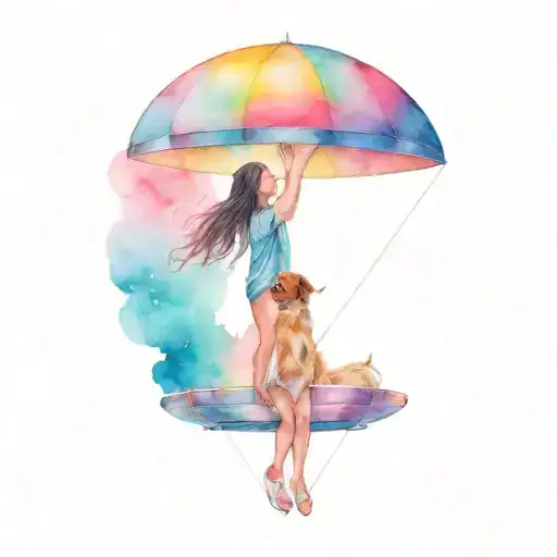 A Dog And Woman Being Lifted Up Into A Ufo Hovering