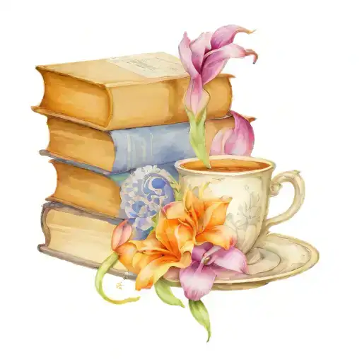 Stack Of Books With Tea Cup On Top With Gladiolus