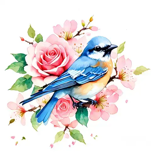 Roses And Cherry Blossoms With Light Blue Bird Perched