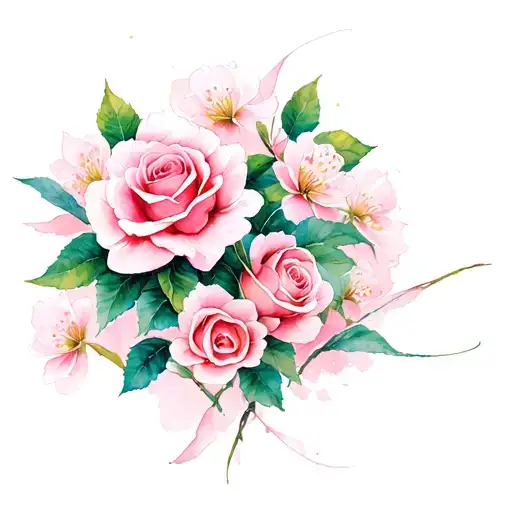 Roses And Cherry Blossom With Light Ribbon Intertwined