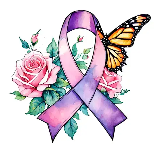 Cancer Ribbon With Roses And Monarchs