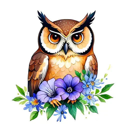 Owl Holding Morning Glory And Aster Flowers