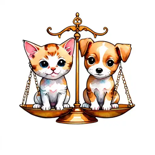 Libra Scales With Cartoon Kitten And Puppy In Scales
