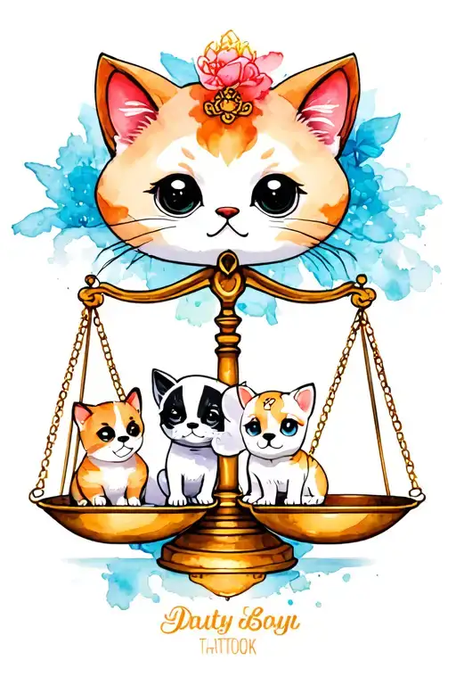 Libra Scales With Japanese Cartoon Kitten And Puppy In Scales
