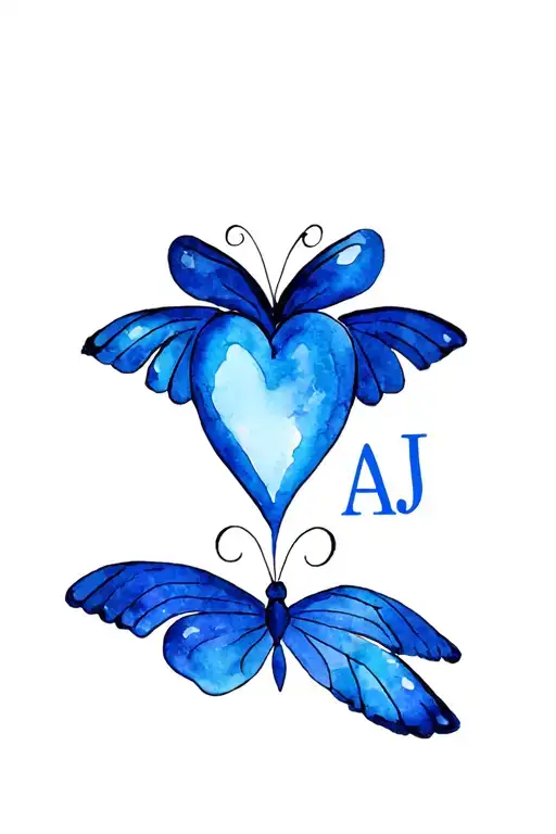 Butterfly And Blue Heart With Initials A J