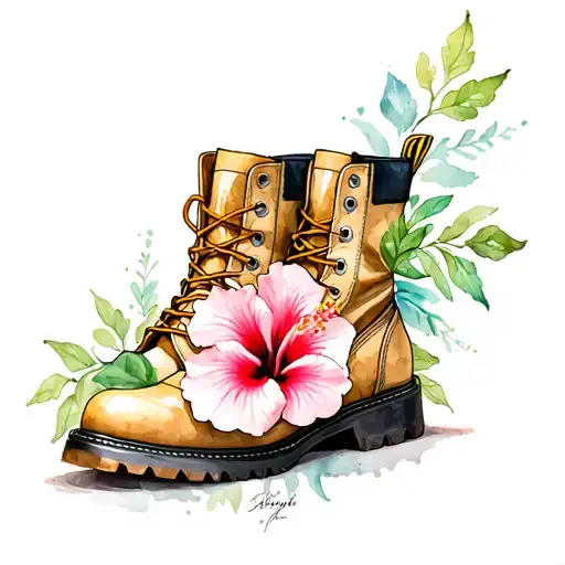 Army Boots And Hibiscus Flower Intertwined