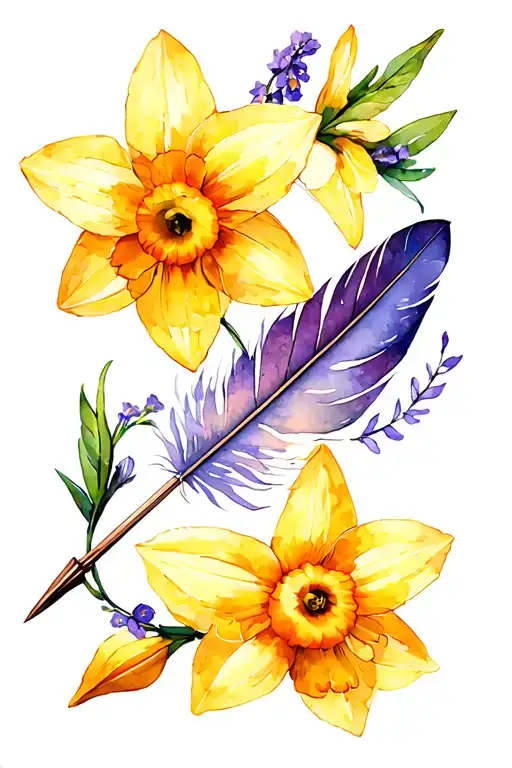 Feather Arrow Tattoo With Daffodils And Violet Flowers Forming