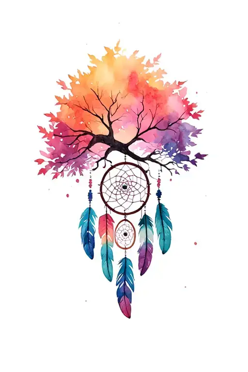 Mother Daughter Tree Growing With Dream Catcher And Feathers