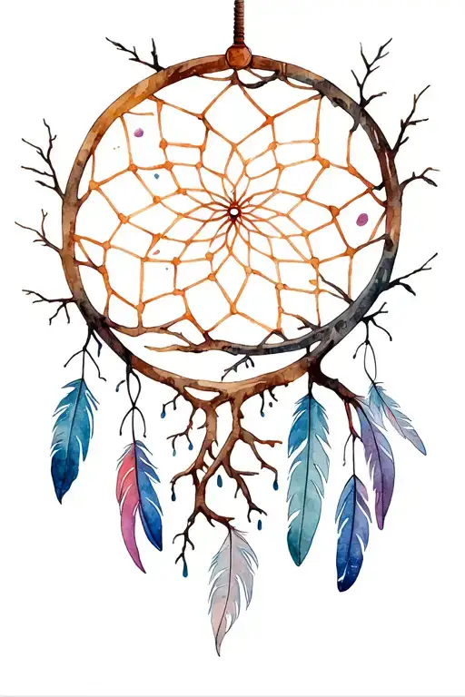 Bare Tree With Roots Into A Dream Catcher With Feathers Falling