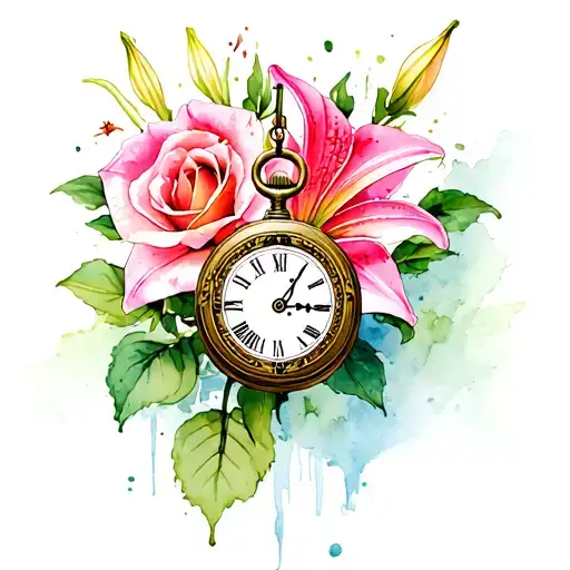 Stargazer Lily And Pink Rose With Pocket Watch Mechanism Intertwined