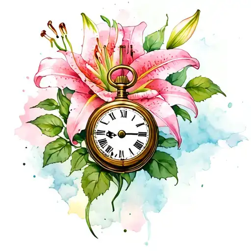 Stargazer Lily And Pink Rose With Pocket Watch Mechanism Intertwined