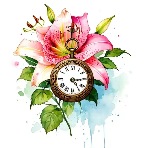 Stargazer Lily And Pink Rose With Pocket Watch Mechanism Intertwined