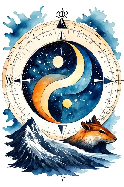 Ying Yang Of Mongoose And Mountain Night Sky With Map Compass Background