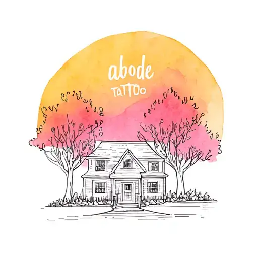 A Simple Line Drawing Of A House And Trees With The Word Abode