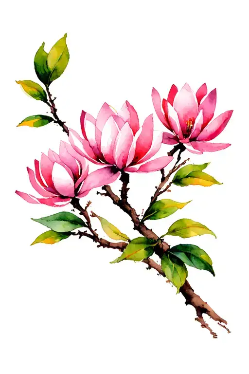 Japanese Inspired Pink Magnolias On A Branch In A Vertical Climb