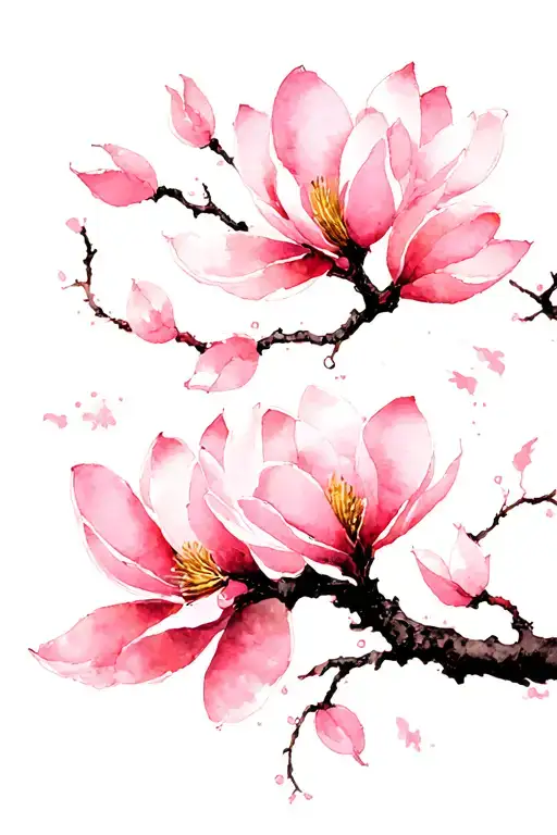 Japanese Inspired Pink Magnolia Branch That Is Vertical