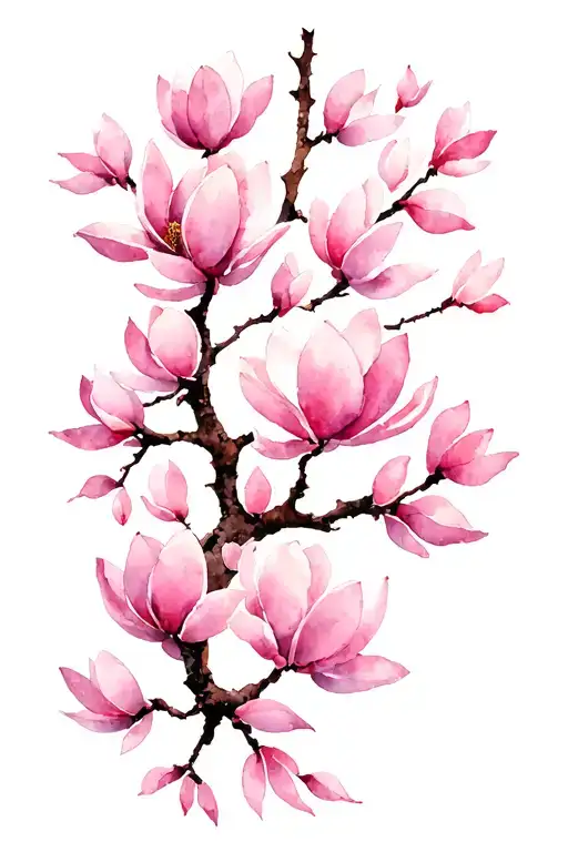 Japanese Inspired Illustration Of Pink Magnolia Blossoms On A Branch That Is Vertical Directioned