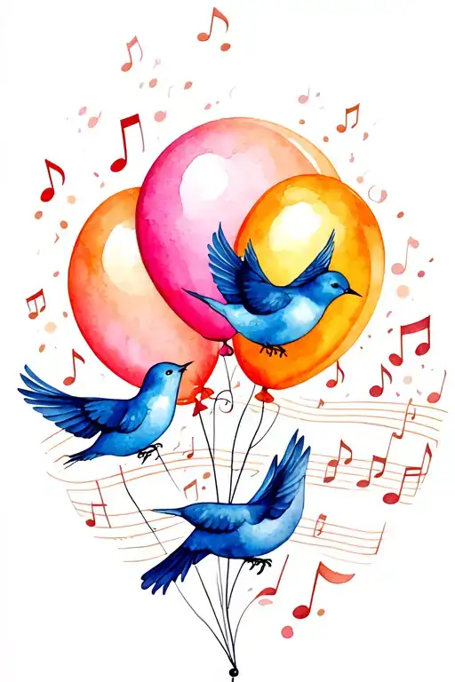 3 Birds Flying Away Using A Balloon Music Notes Floating