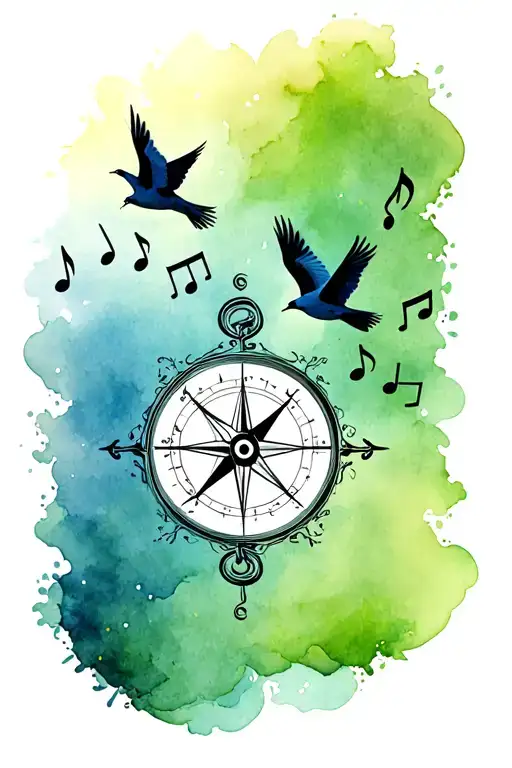 3 Birds Flying Away Using A Compass Music Notes Floating
