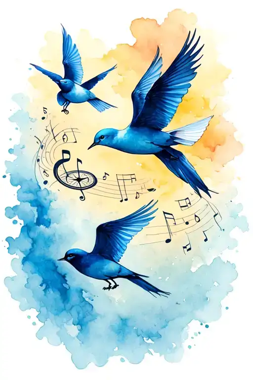 3 Birds Flying Away Using A Compass Music Notes Floating